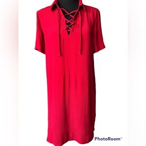 NWT Ann Taylor Loft Red Lace Up Neckline Shirt Dress Size Small